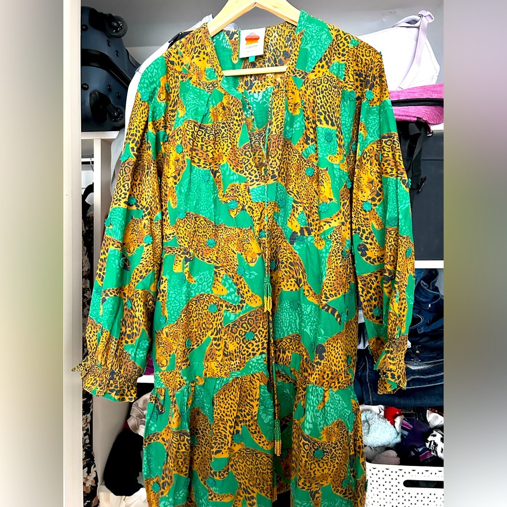 Farm rio, green army leopard print mini dress, size L
